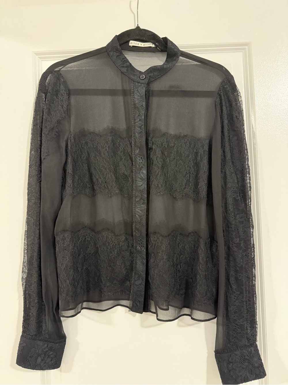 Alice + Olivia Black Sheer Lace-Panel Button Blouse